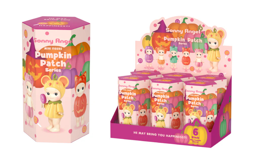 Sonny Angel Pumpkin Patch mini figure series box and display with colorful pumpkin-themed characters, Pop Mart collectible toy