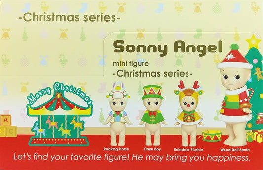 Sonny Angel Christmas series mini figures including Rocking Horse, Drum Boy, Reindeer Plushie, and Wood Doll Santa with festive carousel and gifts