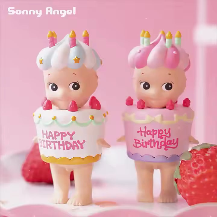 Sonny Angel figurines with birthday cake outfits and candles, pink background, birthday theme