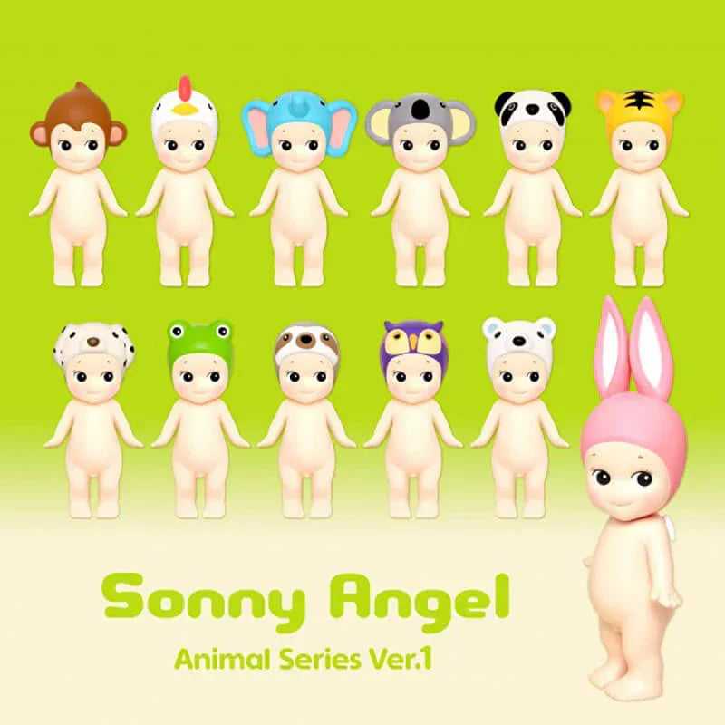 Sonny Angel Animal Series Ver.1 dolls in various animal hats featuring monkey, chicken, elephant, koala, panda, tiger, and more on green background