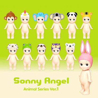 Sonny Angel Animal Series Ver.1 dolls in various animal hats featuring monkey, chicken, elephant, koala, panda, tiger, and more on green background