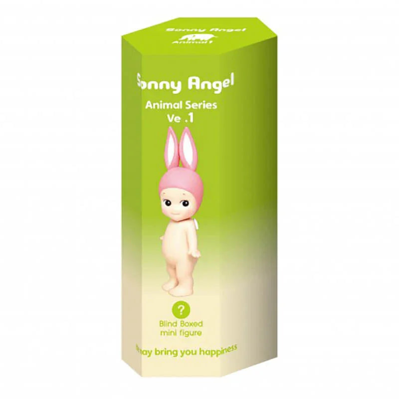 Sonny Angel Animal Series Ve.1 blind boxed mini figure with pink bunny ears on green packaging, collectible toy