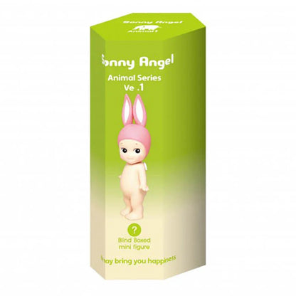 Sonny Angel Animal Series Ve.1 blind boxed mini figure with pink bunny ears on green packaging, collectible toy