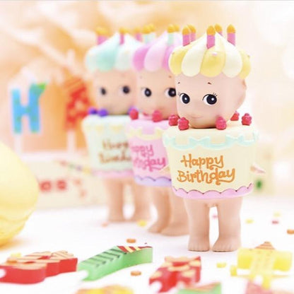 Sonny Angel birthday figures with cake costumes and candles, featuring Pop Mart style and cute design