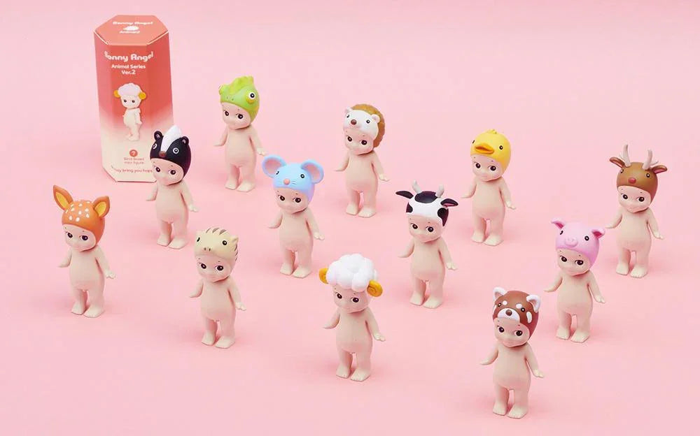 Sonny Angel Animal Series Ver.2 collectible figures with various animal hats on pink background, pop mart style
