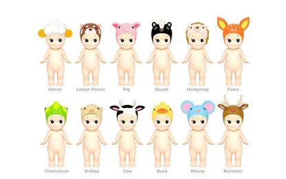 Sonny Angel animal series figures including sheep, lesser panda, pig, skunk, hedgehog, fawn, chameleon, uribou, cow, duck, mouse, and reindeer