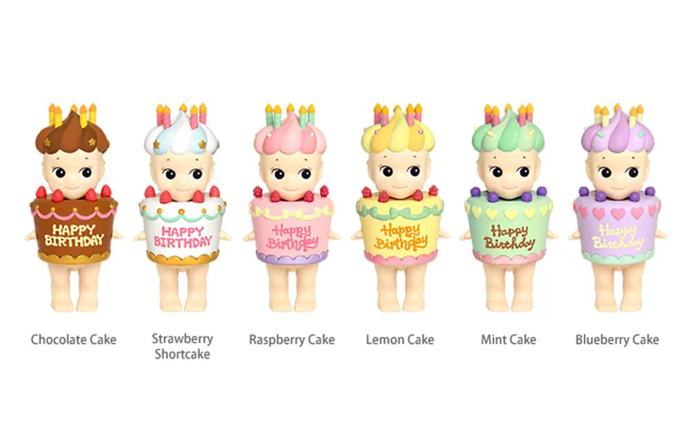 Sonny Angel birthday cake figurines in chocolate, strawberry, raspberry, lemon, mint, and blueberry designs from Pop Mart collection